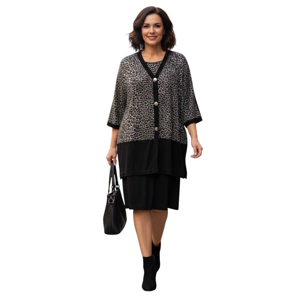 Vtg 80s Nina Piccalino Cheetah Print Dress & Blazer Set 10 Medium Black Stretchy